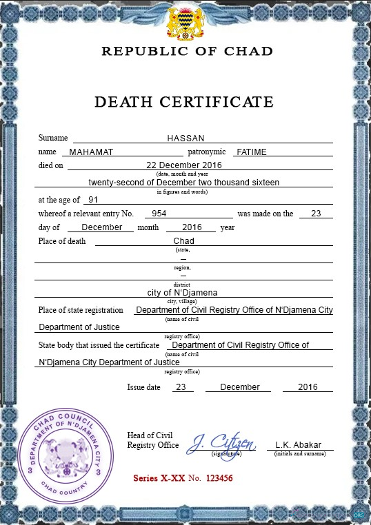 Download Chad vital record death certificate PSD template Photoshop template